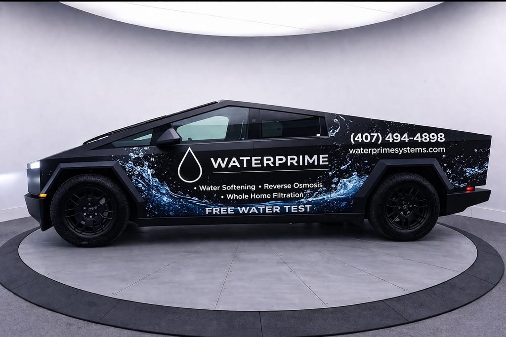 WaterPrime service vehicle with a black WaterPrime wrap, photographed in a studio