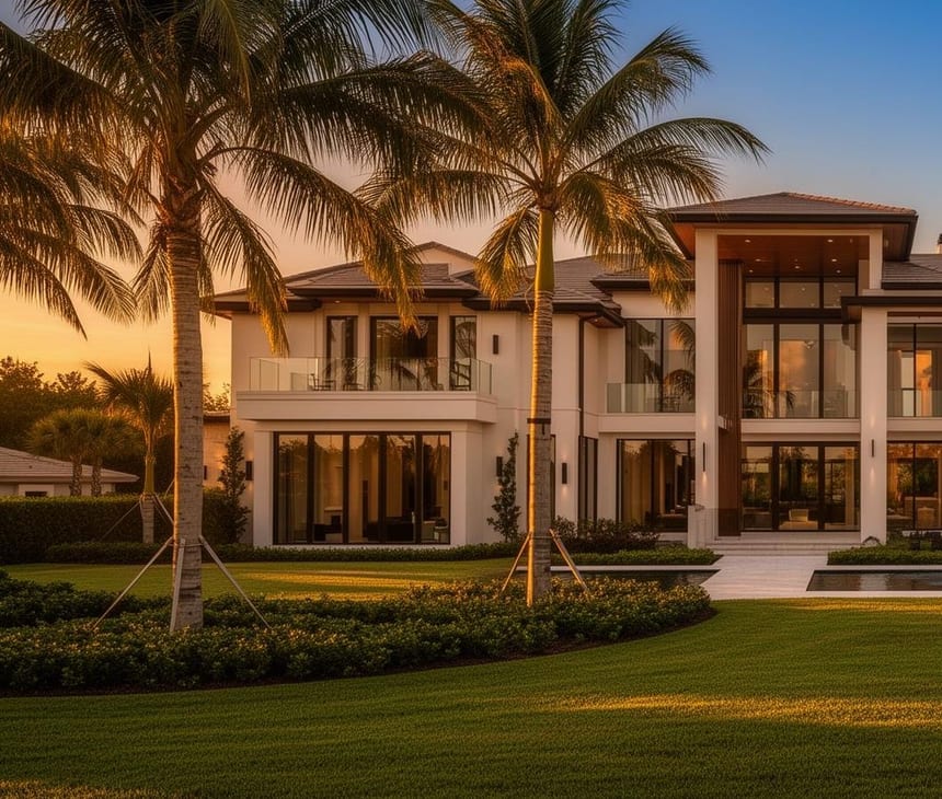 Contemporary Florida home framed by palm trees at golden hour