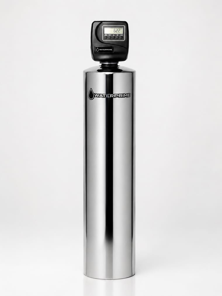 WaterPrime Select™, single-tank whole-home system in polished stainless steel