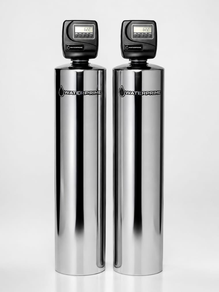WaterPrime Signature™ dual-tank system: two polished stainless steel treatment tanks with digital control valves